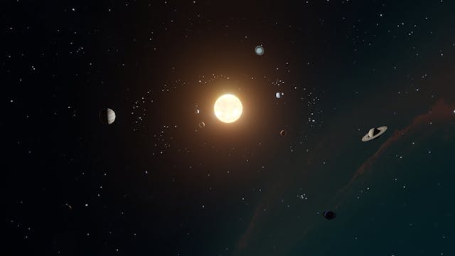 A depiction of a solar system, with a glowing central star and several planets of different sizes and rings in orbit against a starry background.